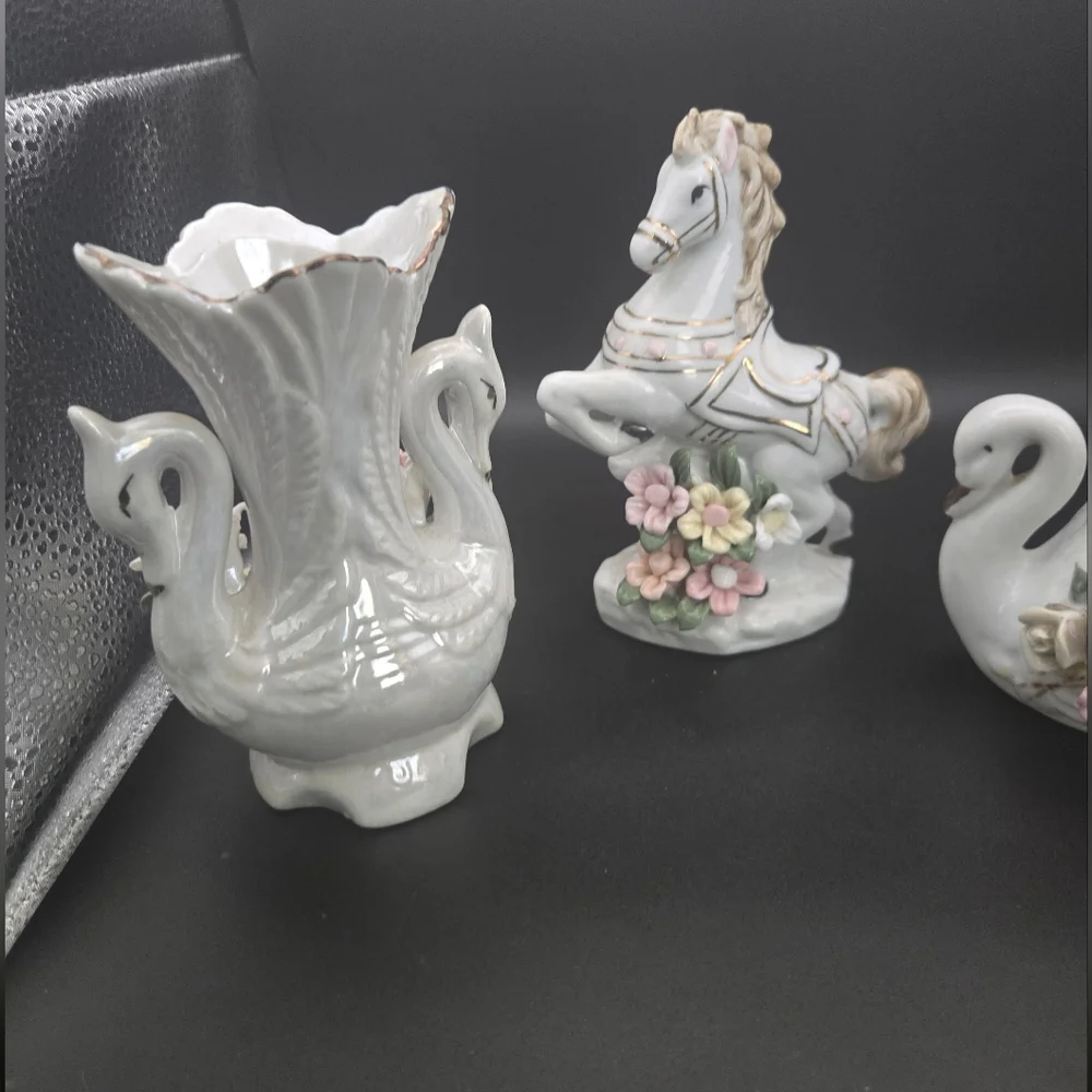 Porcelain Swan and Horse Figurines with Floral Accents Vintage